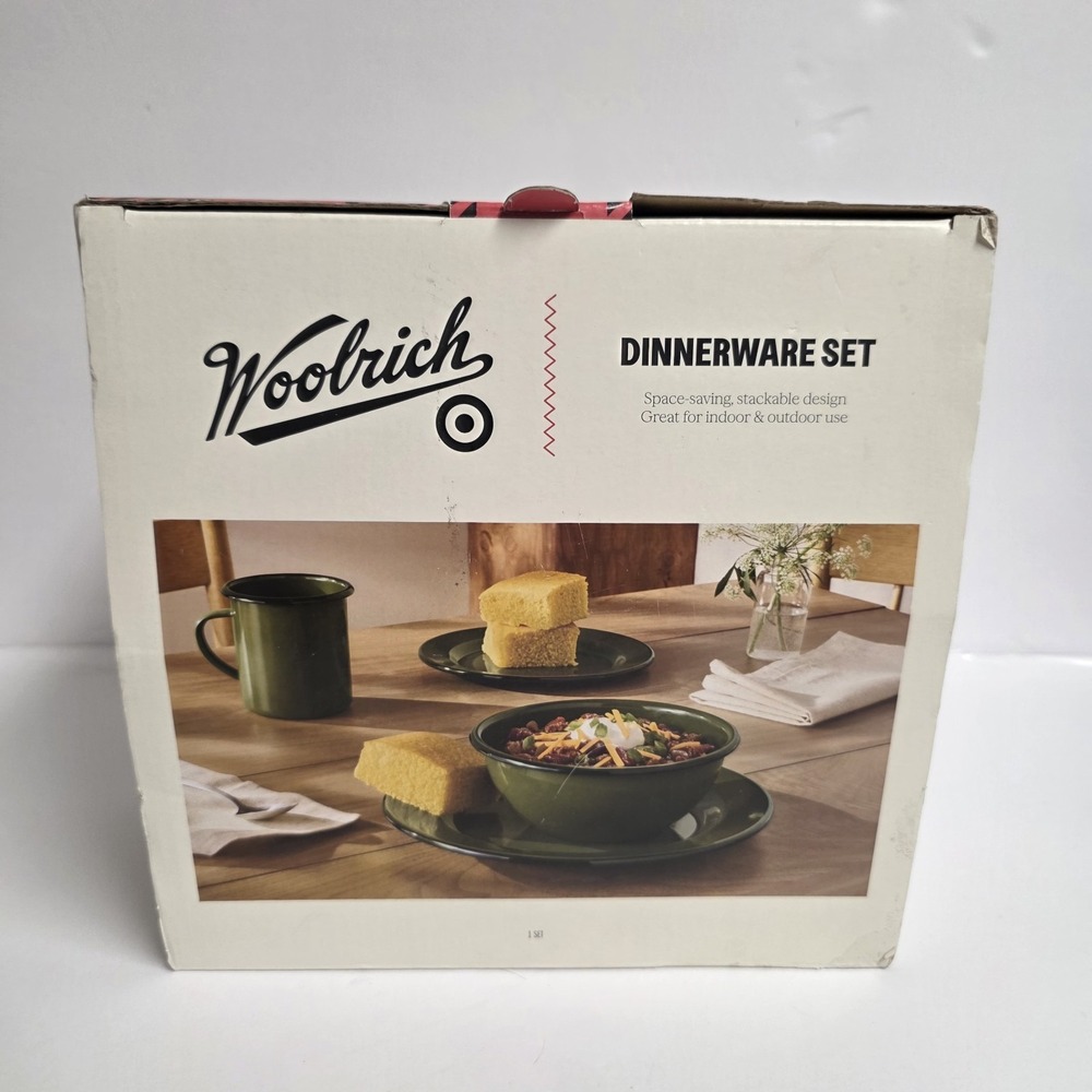 Woolrich Target Enamel Dinnerware Set Green 4 Piece Camp Picnic Stackable Plate